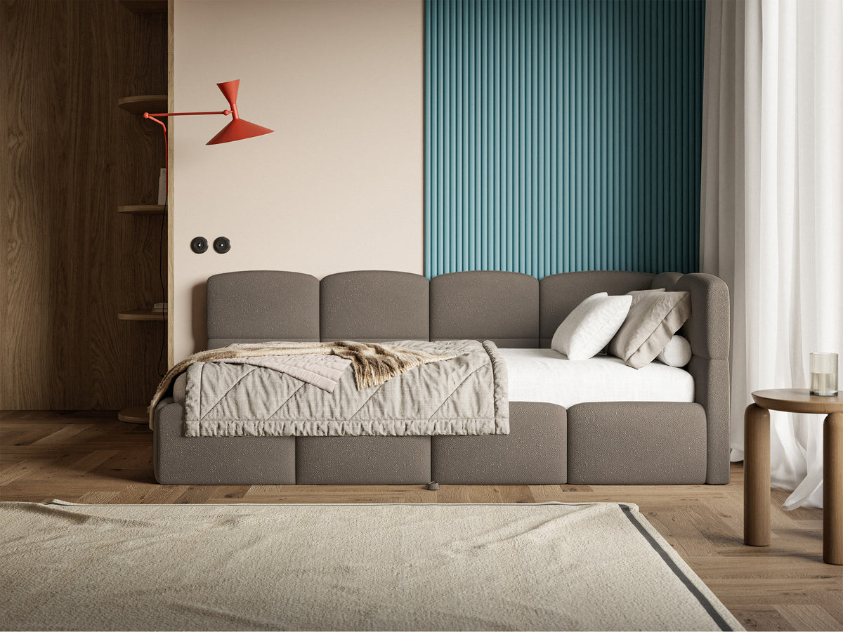 Jugendbett 90x200 cm Cloudy, ausziehbar, rechtsseitig, mit Matratzen, hellbrauner Chenille