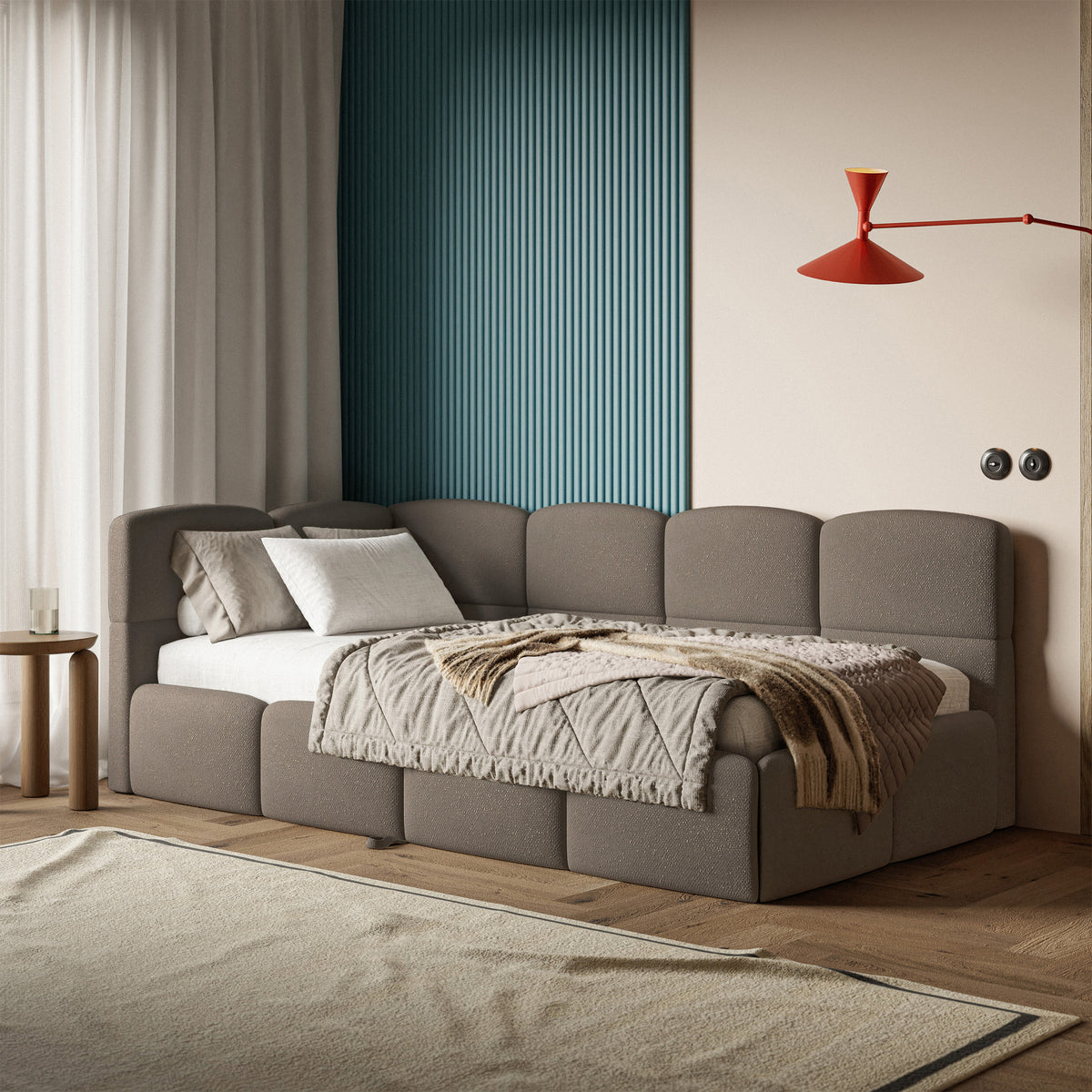 Jugendbett 90x200 cm Cloudy, ausziehbar, linksseitig, mit Matratzen, hellbrauner Chenille