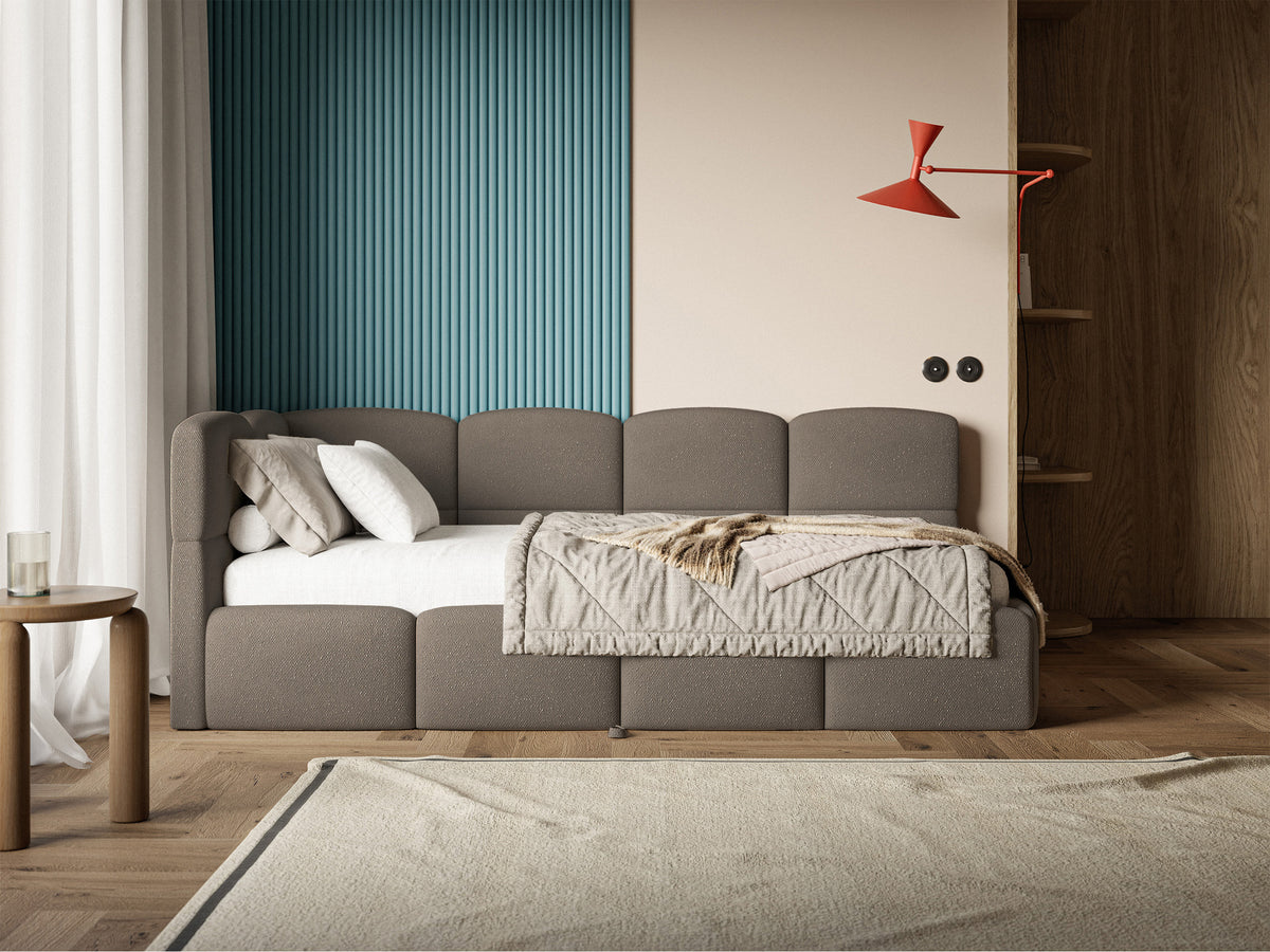 Jugendbett 90x200 cm Cloudy, ausziehbar, linksseitig, mit Matratzen, hellbrauner Chenille