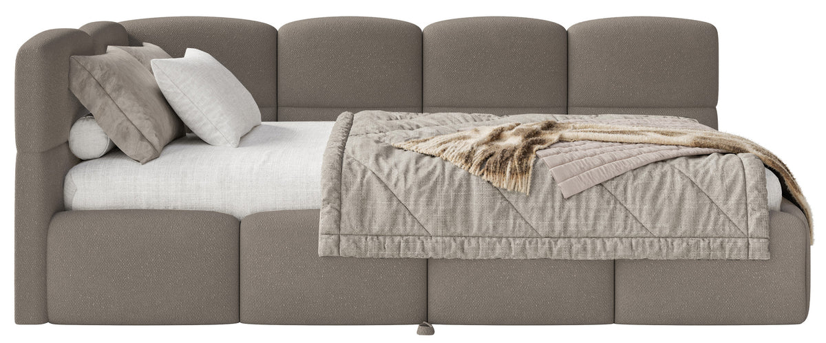 Jugendbett 90x200 cm Cloudy, ausziehbar, linksseitig, mit Matratzen, hellbrauner Chenille