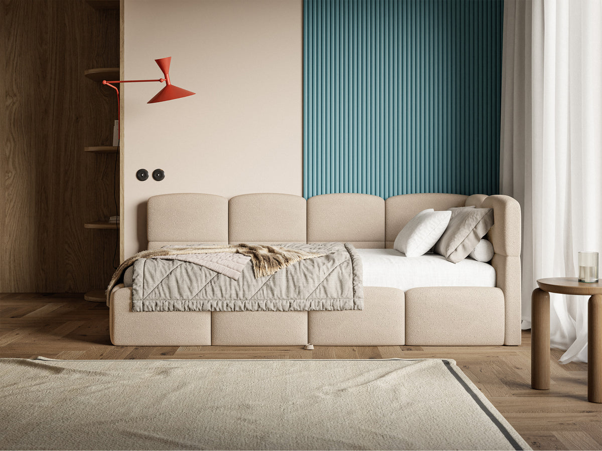Jugendbett 90x200 cm Cloudy, rechts ausziehbar, mit Matratzen, beige Chenille