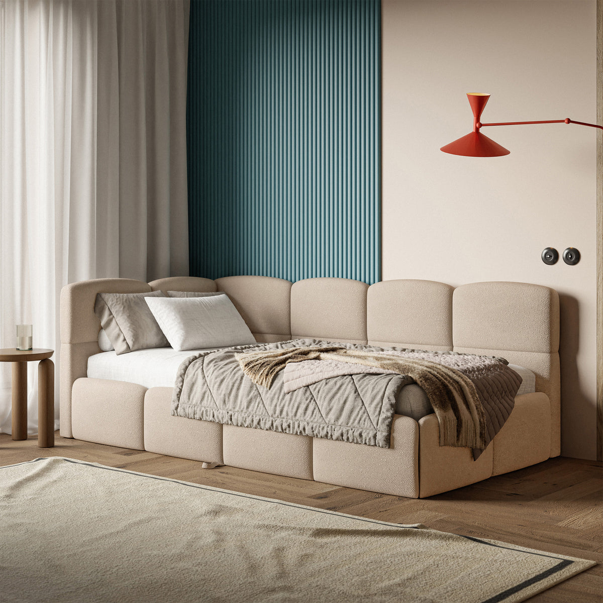 Jugendbett 90x200 cm Cloudy, links ausziehbar, mit Matratzen, beige Chenille