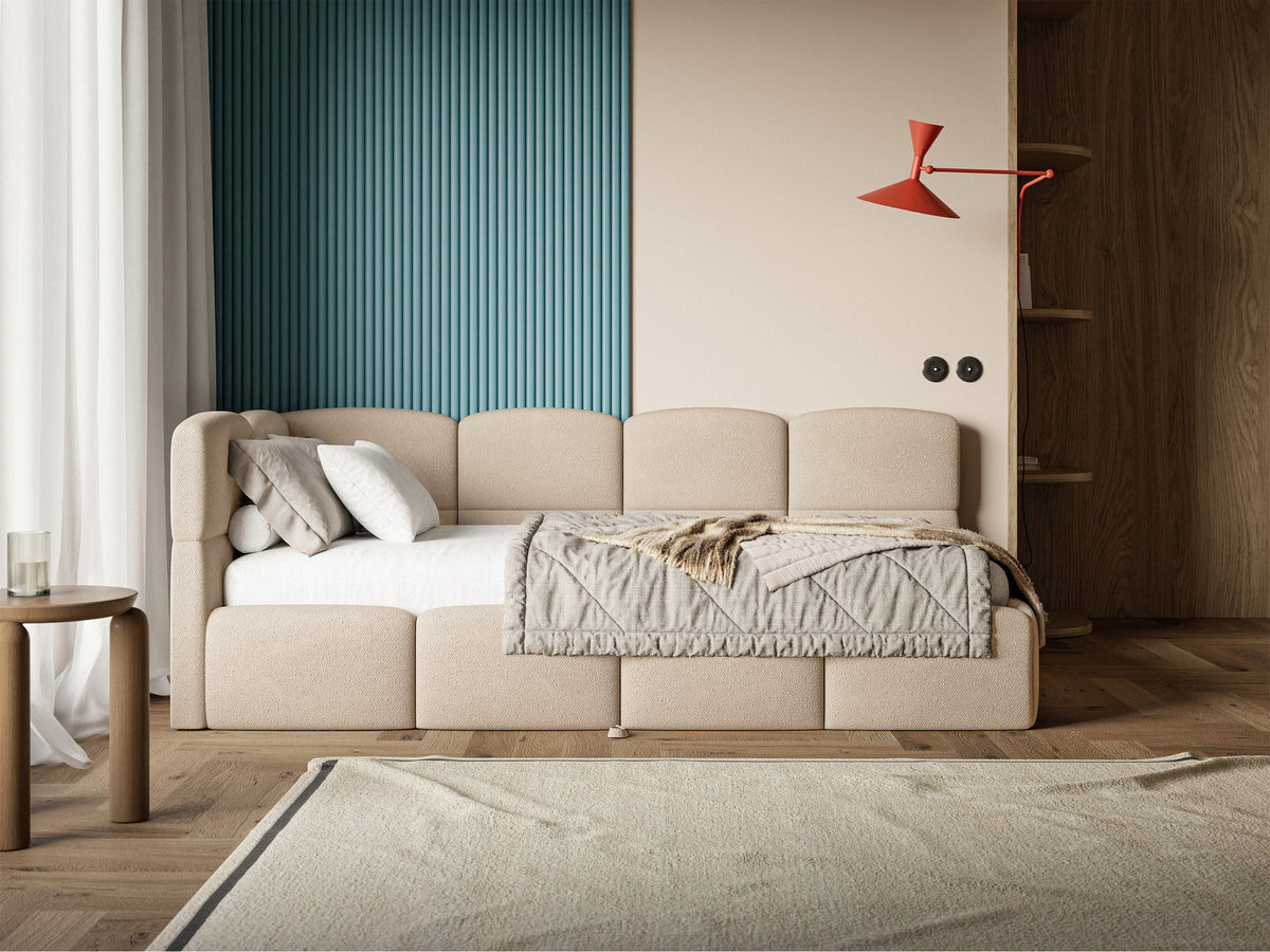 Jugendbett 90x200 cm Cloudy, links ausziehbar, mit Matratzen, beige Chenille