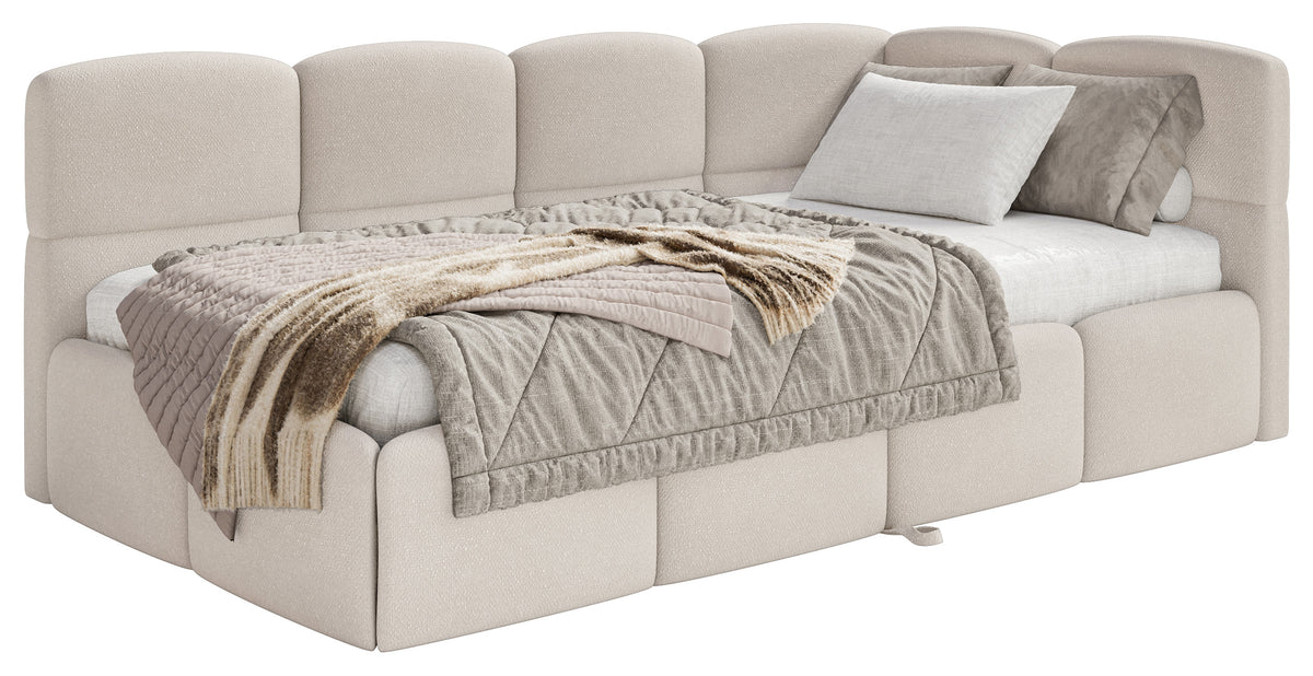 Jugendbett 90x200 cm Cloudy, ausziehbar, rechtsseitig, mit Matratzen, cremefarbener Chenille