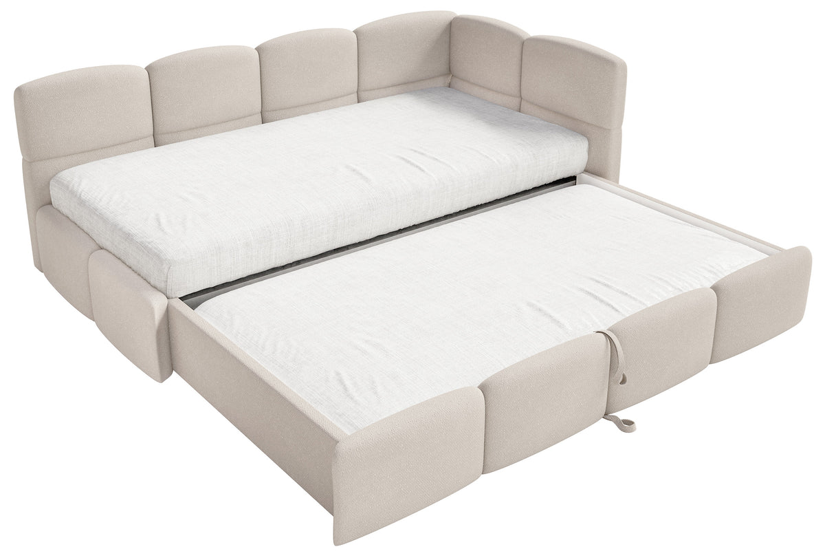 Jugendbett 90x200 cm Cloudy, ausziehbar, rechtsseitig, mit Matratzen, cremefarbener Chenille