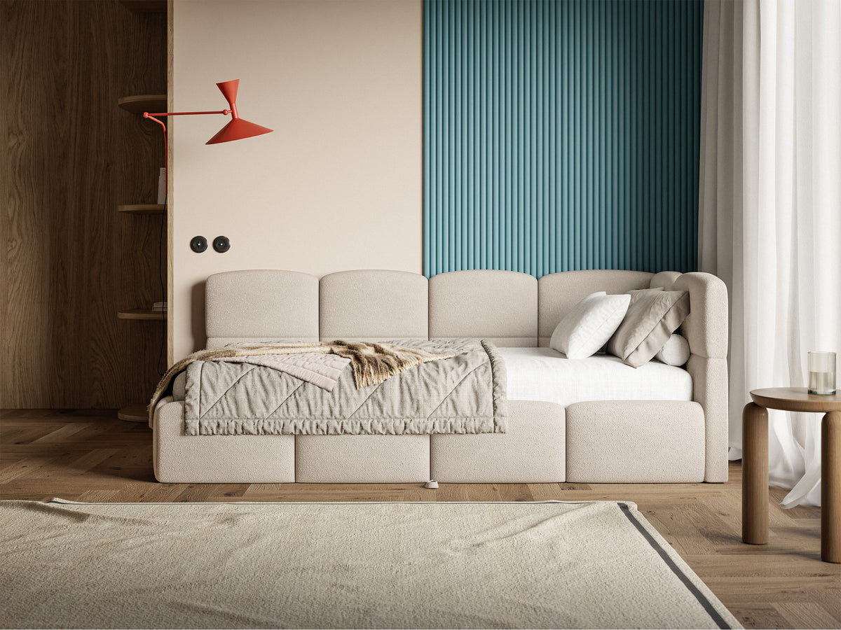 Jugendbett 90x200 cm Cloudy, ausziehbar, rechtsseitig, mit Matratzen, cremefarbener Chenille