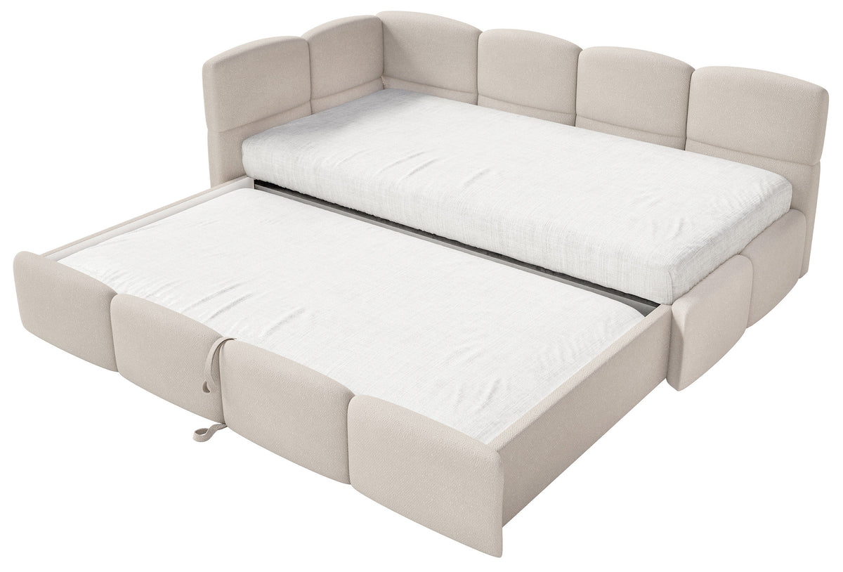 Jugendbett 90x200 cm Cloudy, links ausziehbar, mit Matratzen, cremefarbenes Chenille
