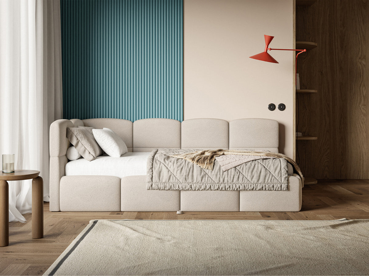 Jugendbett 90x200 cm Cloudy, links ausziehbar, mit Matratzen, cremefarbenes Chenille
