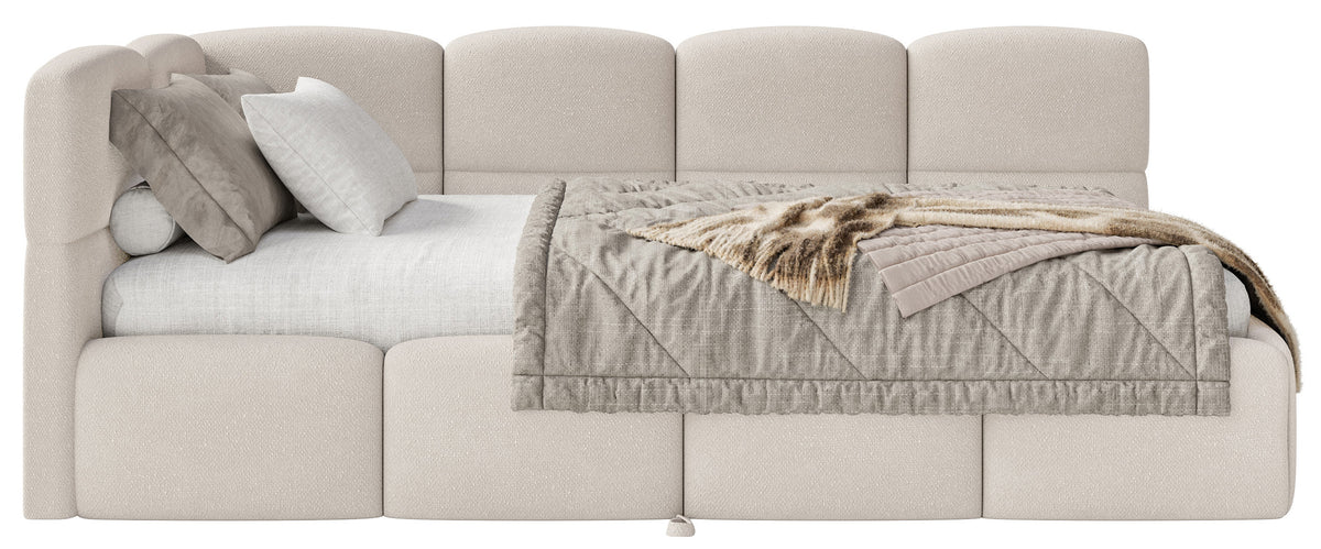 Jugendbett 90x200 cm Cloudy, links ausziehbar, mit Matratzen, cremefarbenes Chenille