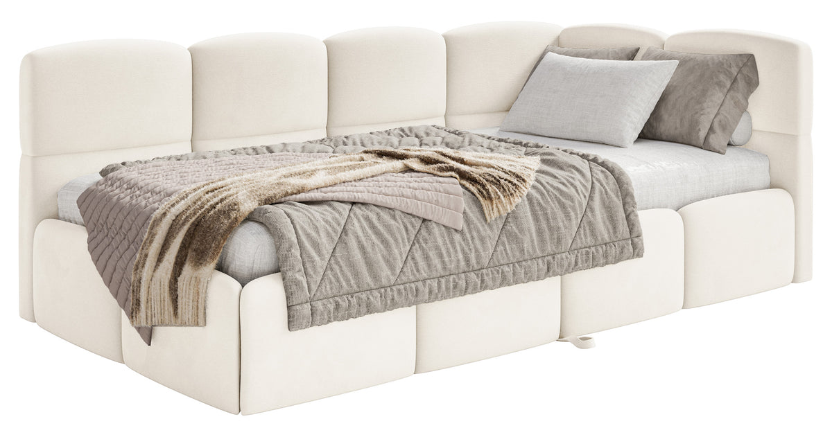 Jugendbett 90x200 cm Cloudy, rechtsseitig ausziehbar, mit Matratzen, cremefarbener Velours, wasserabweisend und pflegeleicht
