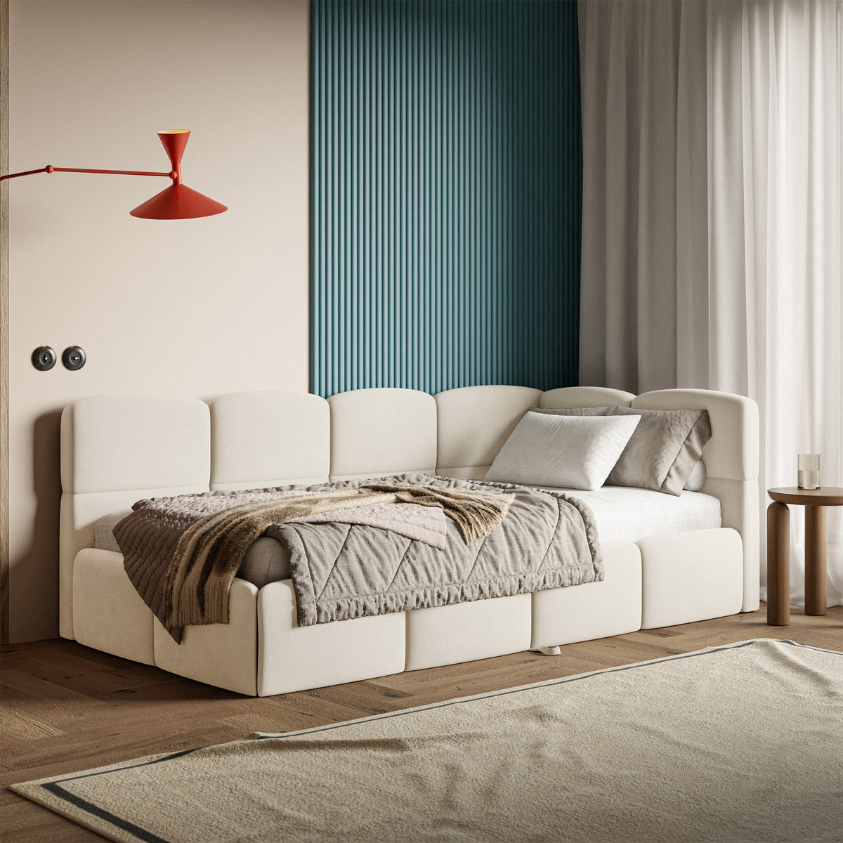 Jugendbett 90x200 cm Cloudy, rechtsseitig ausziehbar, mit Matratzen, cremefarbener Velours, wasserabweisend und pflegeleicht
