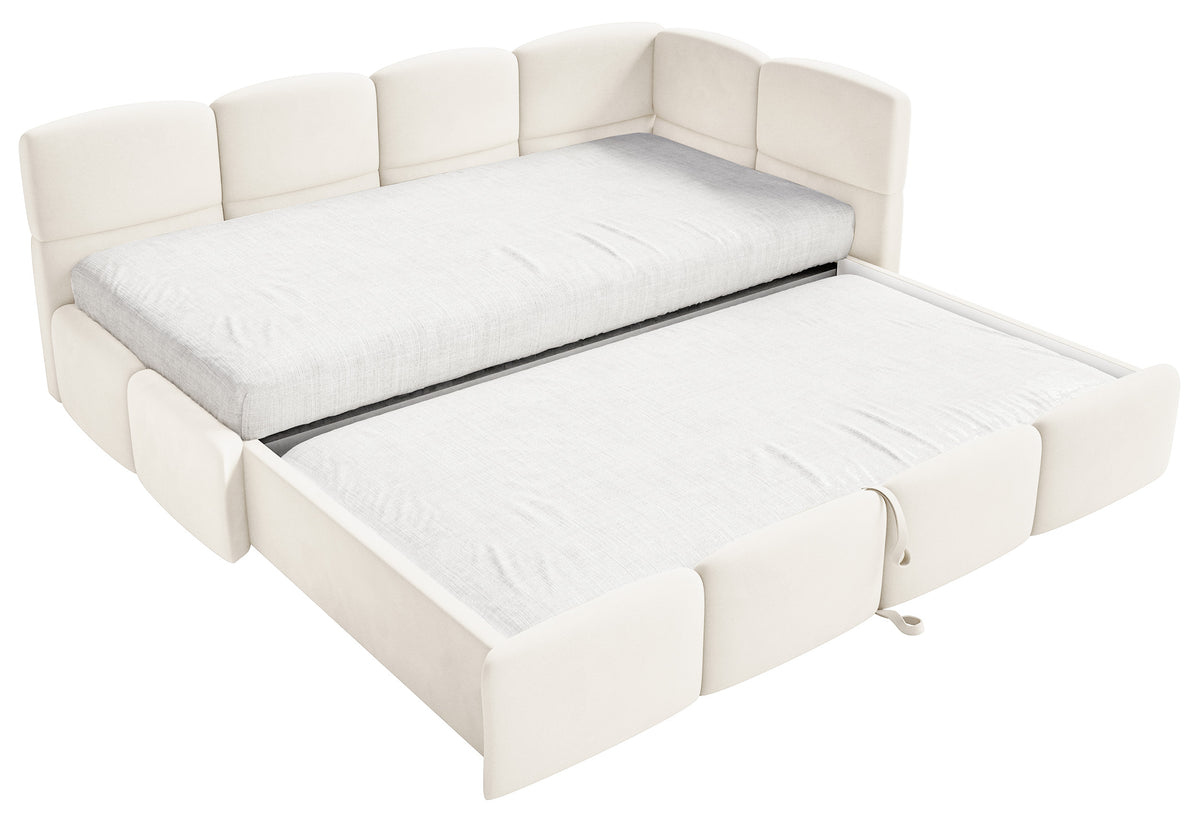 Jugendbett 90x200 cm Cloudy, rechtsseitig ausziehbar, mit Matratzen, cremefarbener Velours, wasserabweisend und pflegeleicht