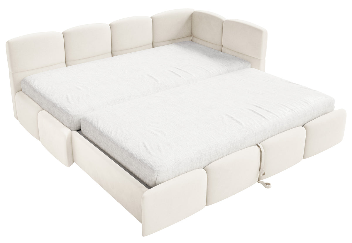 Jugendbett 90x200 cm Cloudy, rechtsseitig ausziehbar, mit Matratzen, cremefarbener Velours, wasserabweisend und pflegeleicht