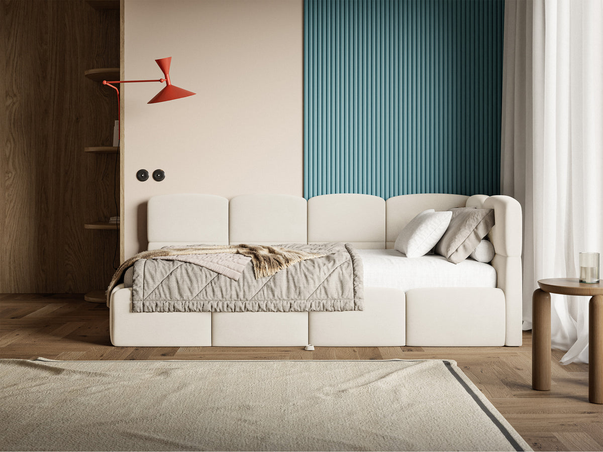 Jugendbett 90x200 cm Cloudy, rechtsseitig ausziehbar, mit Matratzen, cremefarbener Velours, wasserabweisend und pflegeleicht