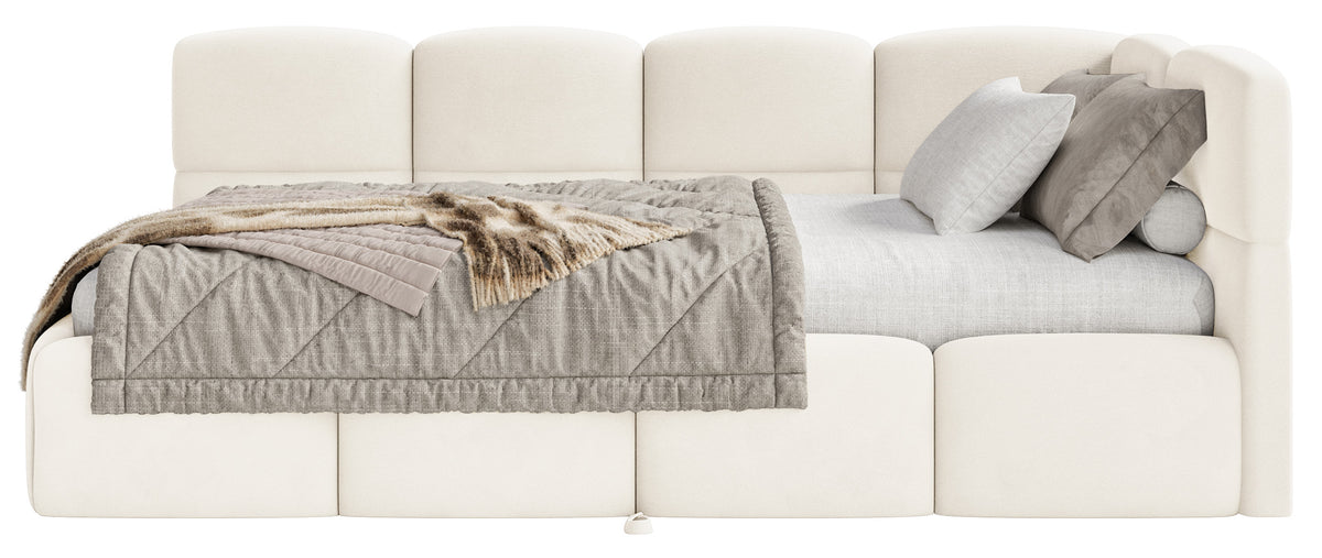 Jugendbett 90x200 cm Cloudy, rechtsseitig ausziehbar, mit Matratzen, cremefarbener Velours, wasserabweisend und pflegeleicht