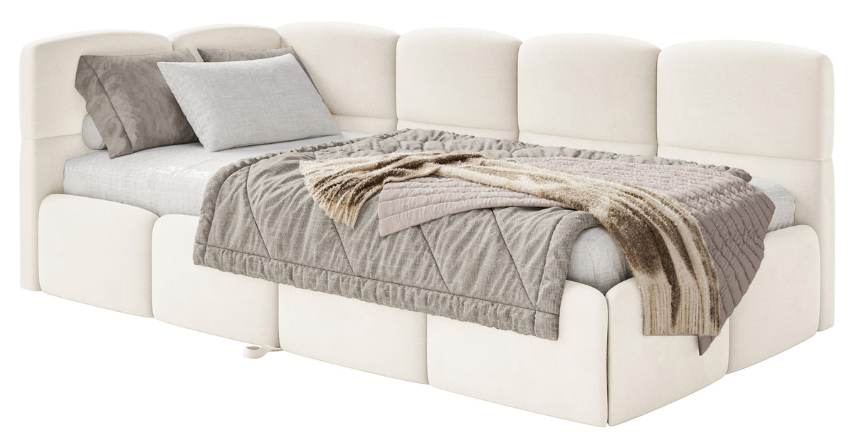 Jugendbett 90x200 cm Cloudy, ausziehbar, linksseitig, mit Matratzen, cremefarbener Velours, wasserabweisend und pflegeleicht
