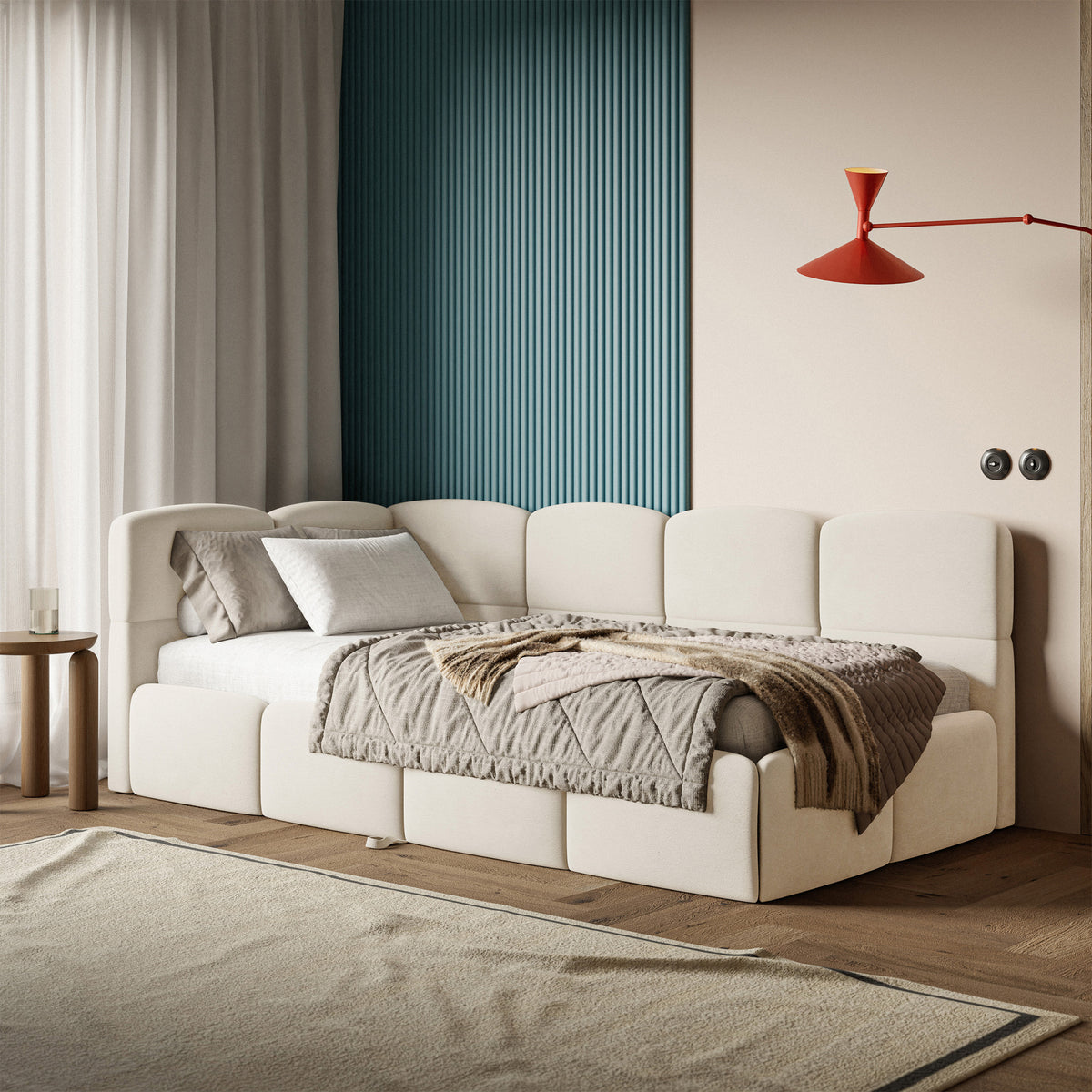 Jugendbett 90x200 cm Cloudy, ausziehbar, linksseitig, mit Matratzen, cremefarbener Velours, wasserabweisend und pflegeleicht