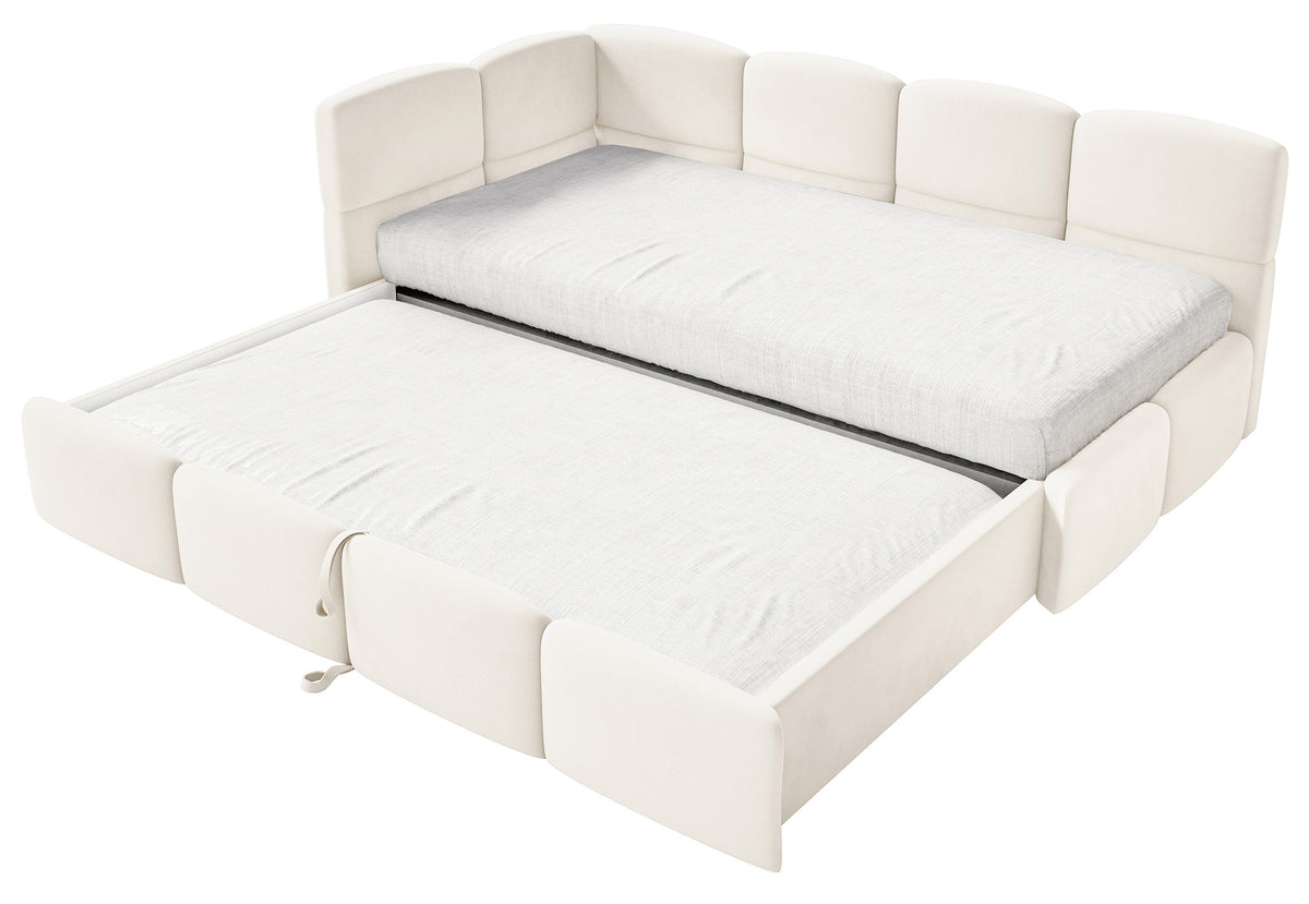Jugendbett 90x200 cm Cloudy, ausziehbar, linksseitig, mit Matratzen, cremefarbener Velours, wasserabweisend und pflegeleicht