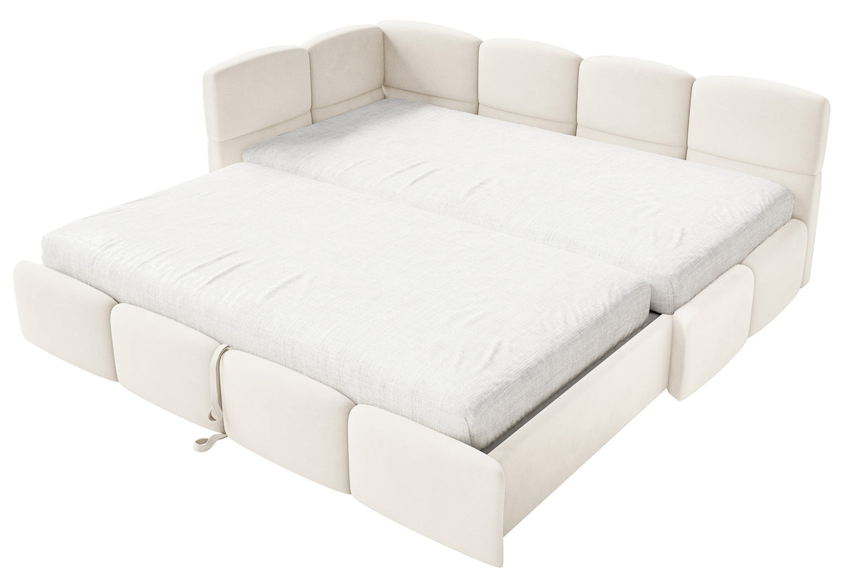 Jugendbett 90x200 cm Cloudy, ausziehbar, linksseitig, mit Matratzen, cremefarbener Velours, wasserabweisend und pflegeleicht