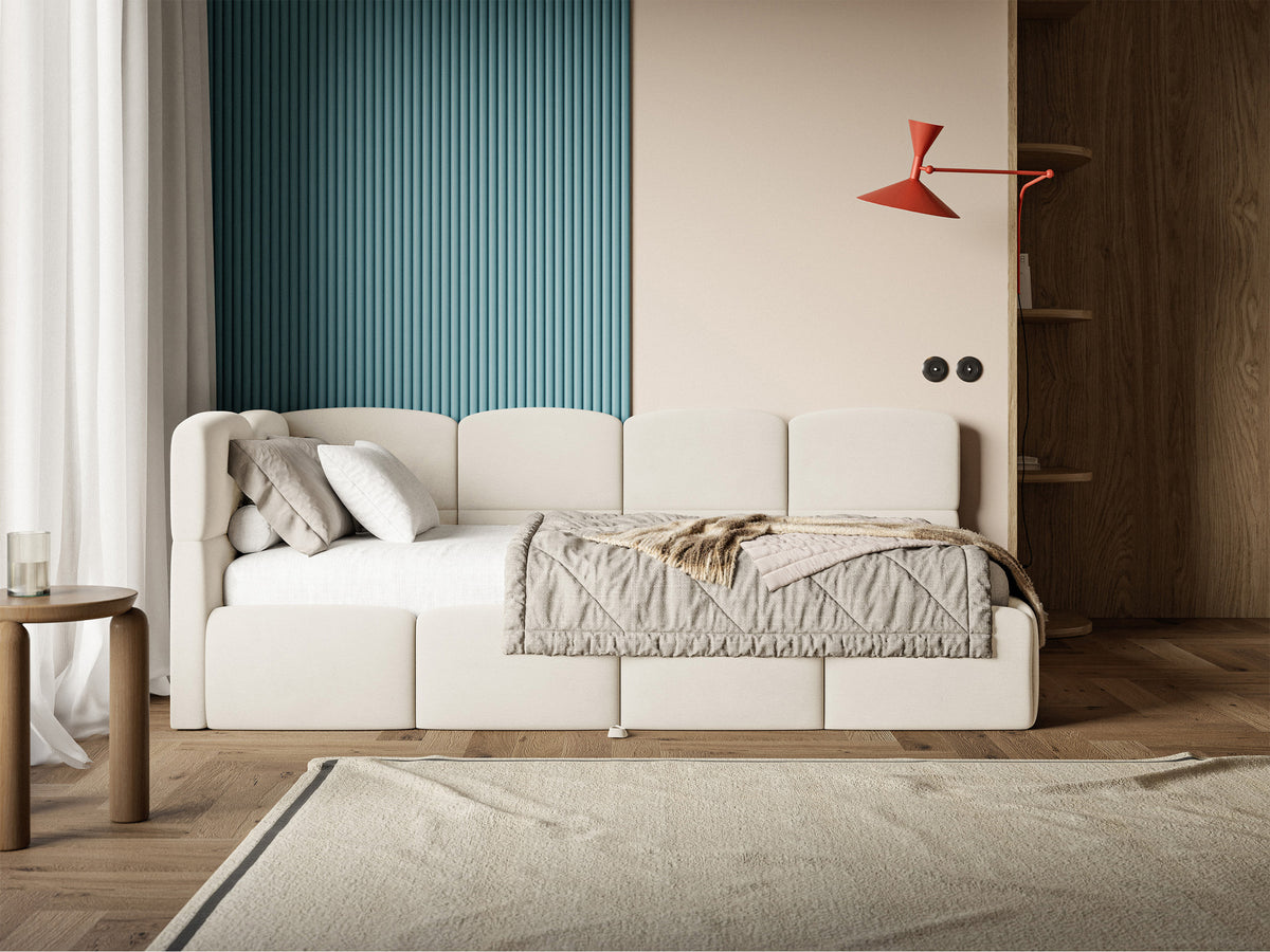 Jugendbett 90x200 cm Cloudy, ausziehbar, linksseitig, mit Matratzen, cremefarbener Velours, wasserabweisend und pflegeleicht