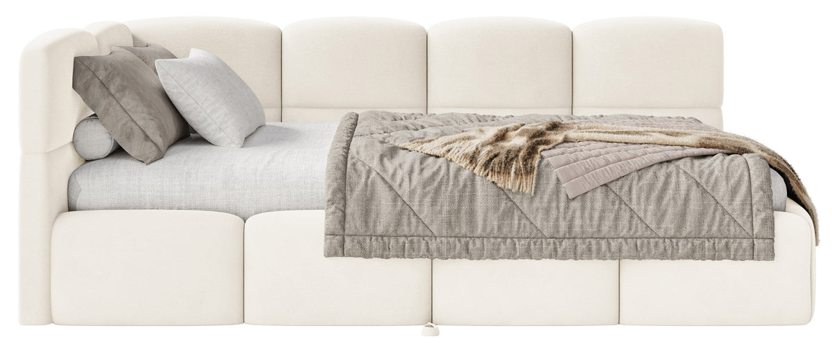 Jugendbett 90x200 cm Cloudy, ausziehbar, linksseitig, mit Matratzen, cremefarbener Velours, wasserabweisend und pflegeleicht