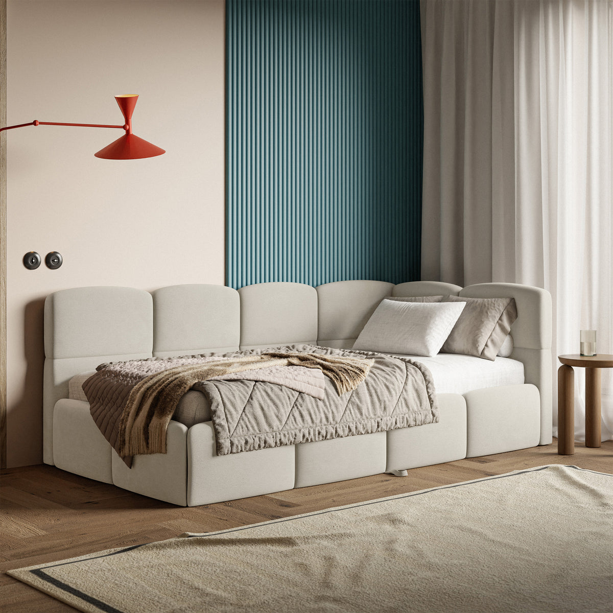 Jugendbett 90x200 cm Cloudy, rechtsseitig ausziehbar, mit Matratzen, hellbeiger Velours, wasserabweisend und pflegeleicht