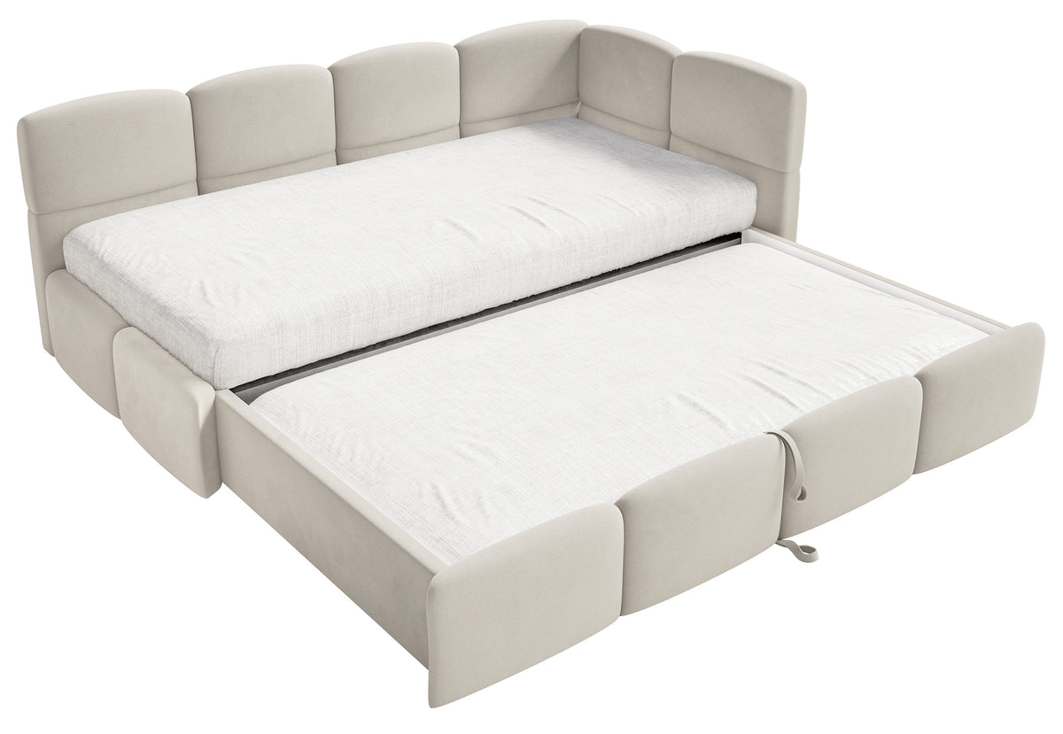 Jugendbett 90x200 cm Cloudy, rechtsseitig ausziehbar, mit Matratzen, hellbeiger Velours, wasserabweisend und pflegeleicht