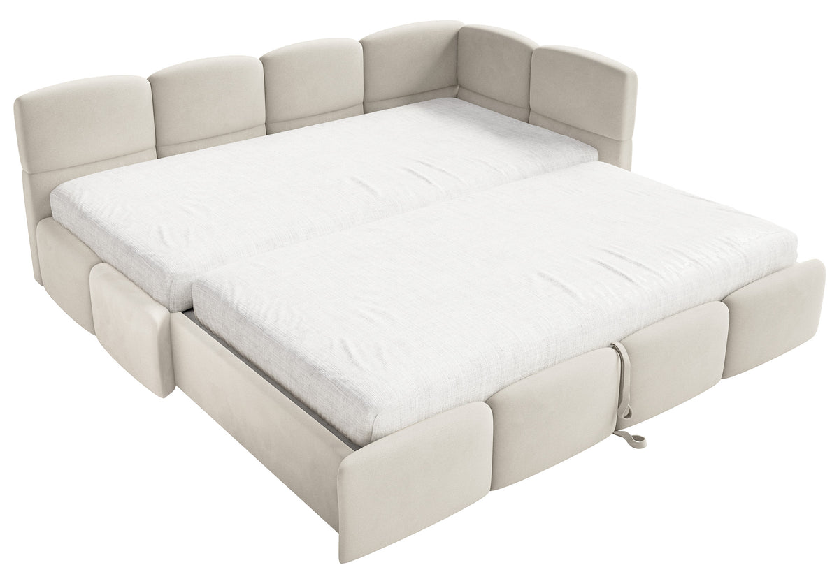 Jugendbett 90x200 cm Cloudy, rechtsseitig ausziehbar, mit Matratzen, hellbeiger Velours, wasserabweisend und pflegeleicht