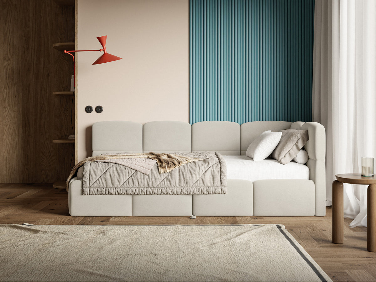 Jugendbett 90x200 cm Cloudy, rechtsseitig ausziehbar, mit Matratzen, hellbeiger Velours, wasserabweisend und pflegeleicht