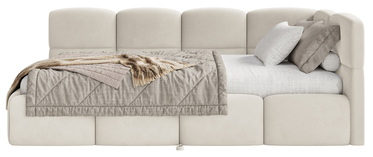 Jugendbett 90x200 cm Cloudy, rechtsseitig ausziehbar, mit Matratzen, hellbeiger Velours, wasserabweisend und pflegeleicht