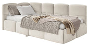 Jugendbett 90x200 cm Cloudy, links ausziehbar, mit Matratzen, hellbeiger Velours, wasserabweisend und pflegeleicht