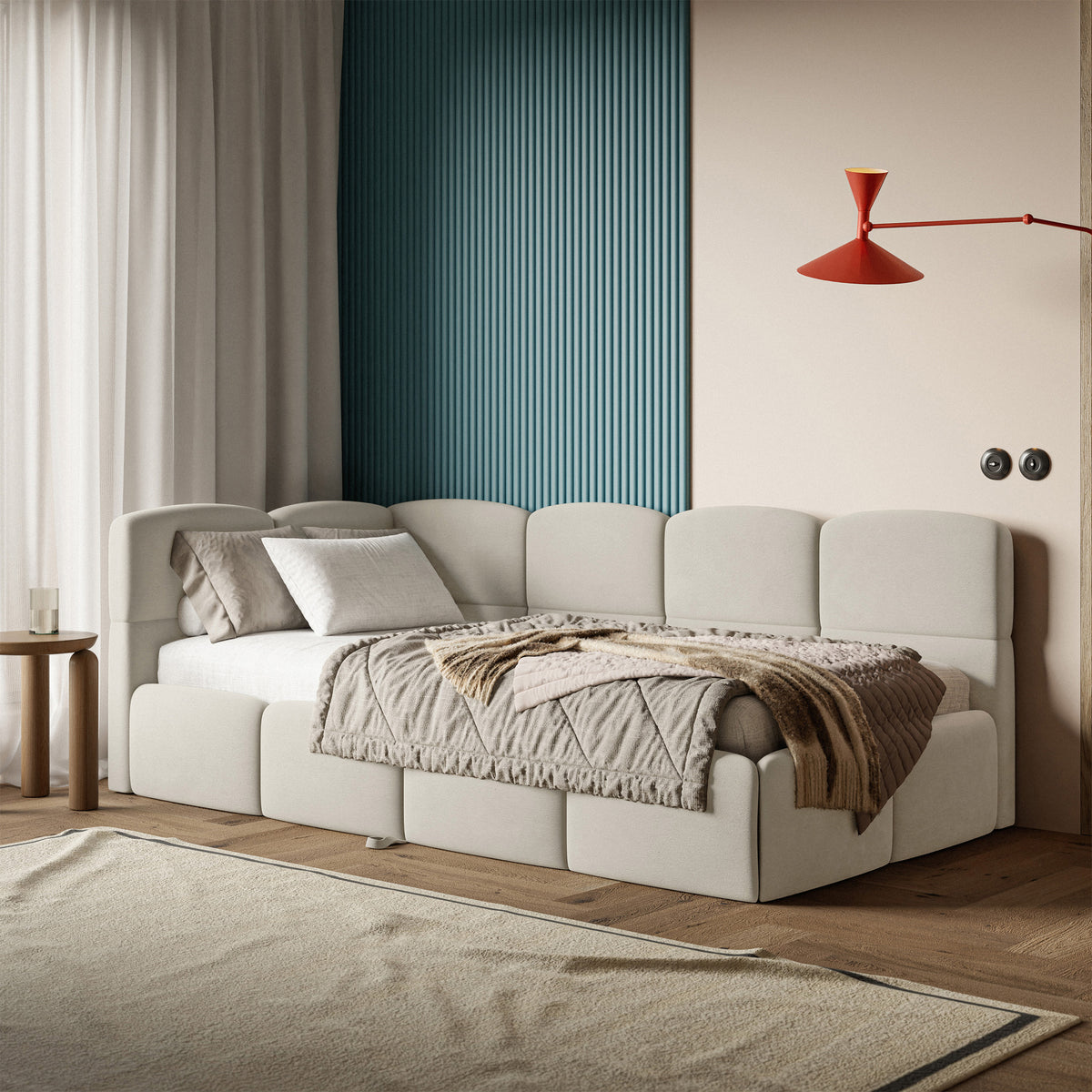 Jugendbett 90x200 cm Cloudy, links ausziehbar, mit Matratzen, hellbeiger Velours, wasserabweisend und pflegeleicht