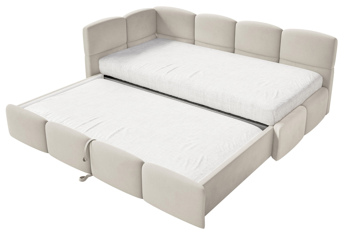 Jugendbett 90x200 cm Cloudy, links ausziehbar, mit Matratzen, hellbeiger Velours, wasserabweisend und pflegeleicht