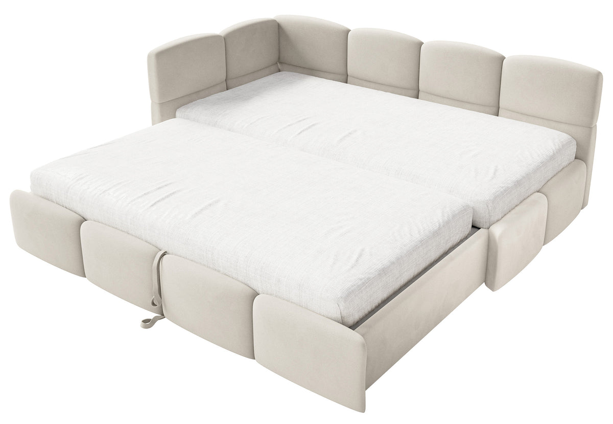 Jugendbett 90x200 cm Cloudy, links ausziehbar, mit Matratzen, hellbeiger Velours, wasserabweisend und pflegeleicht