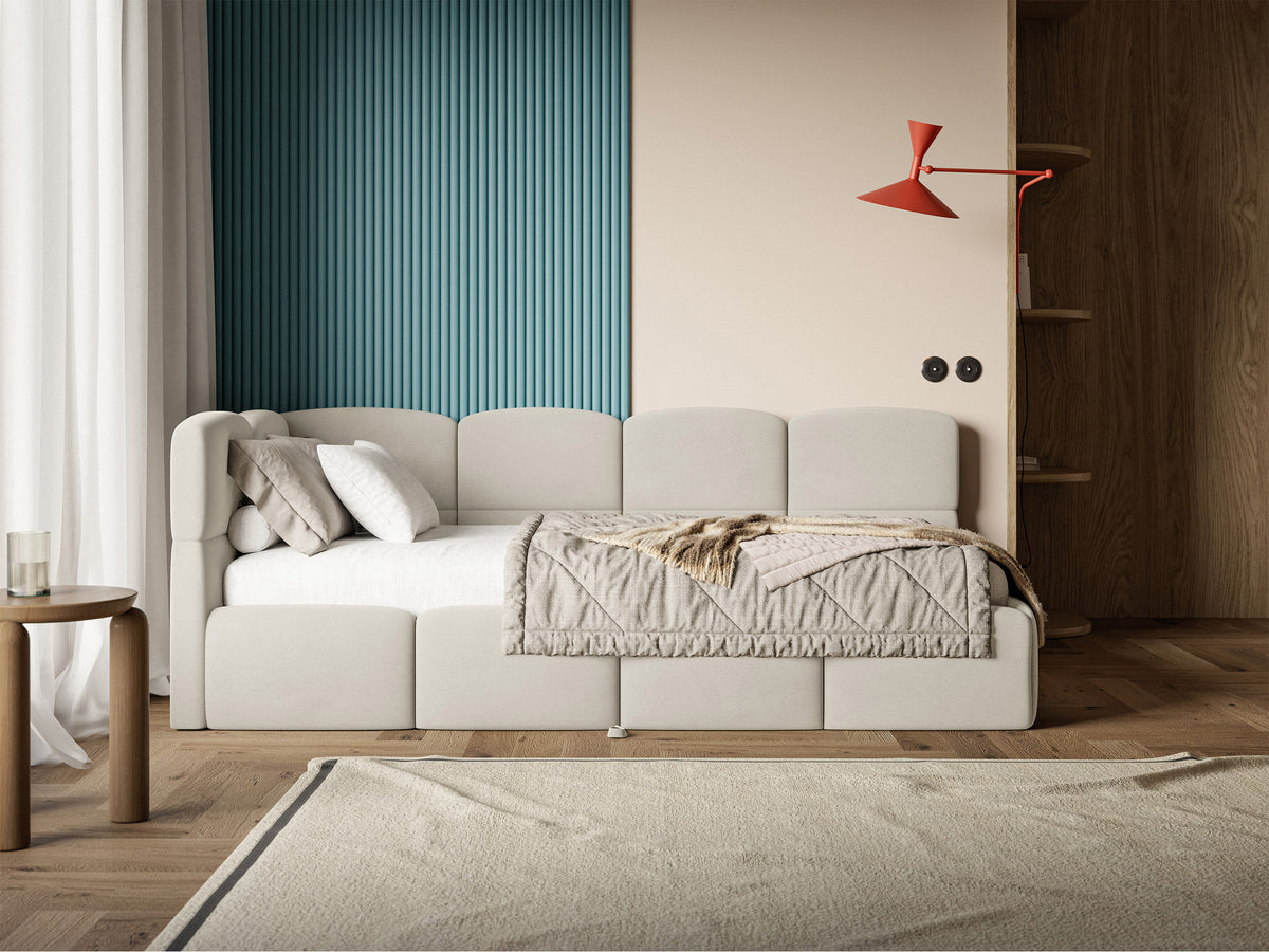 Jugendbett 90x200 cm Cloudy, links ausziehbar, mit Matratzen, hellbeiger Velours, wasserabweisend und pflegeleicht