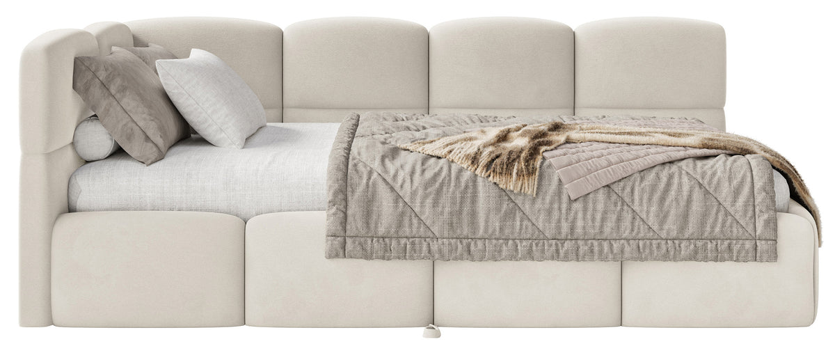 Jugendbett 90x200 cm Cloudy, links ausziehbar, mit Matratzen, hellbeiger Velours, wasserabweisend und pflegeleicht