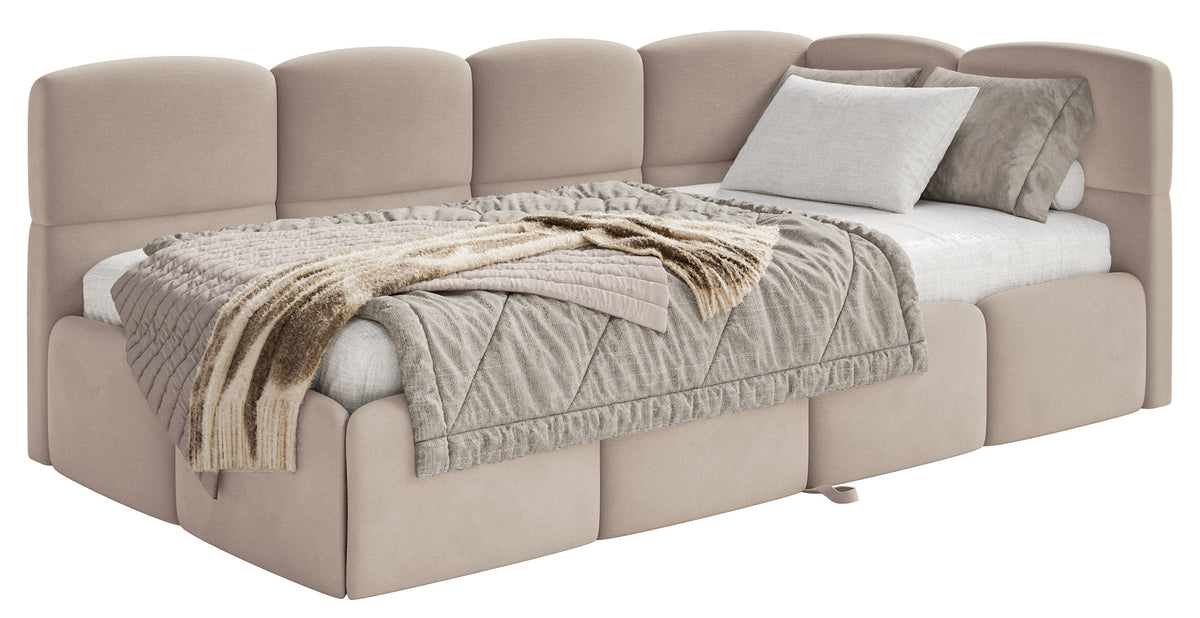 Jugendbett 90x200 cm Cloudy, rechtsseitig ausziehbar, mit Matratzen, beige Velours, wasserabweisend und pflegeleicht