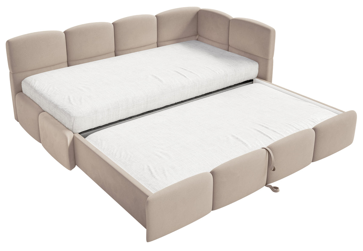 Jugendbett 90x200 cm Cloudy, rechtsseitig ausziehbar, mit Matratzen, beige Velours, wasserabweisend und pflegeleicht