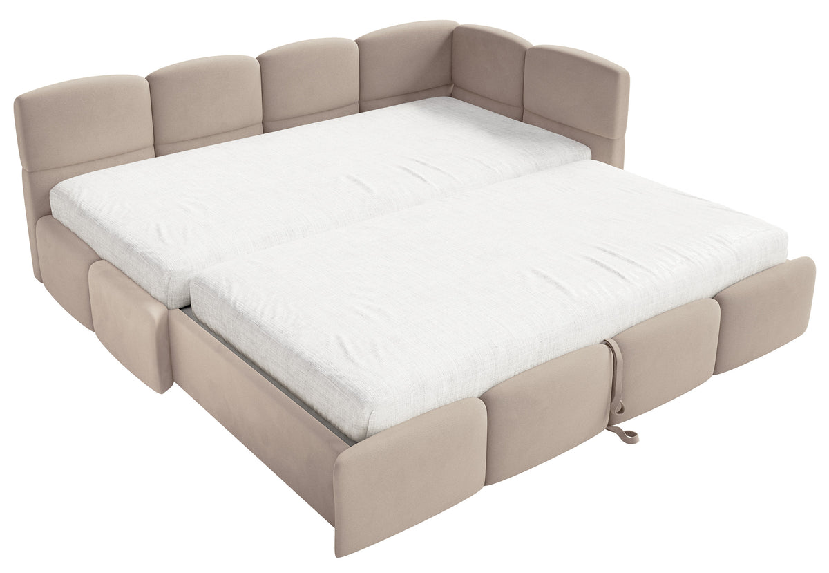 Jugendbett 90x200 cm Cloudy, rechtsseitig ausziehbar, mit Matratzen, beige Velours, wasserabweisend und pflegeleicht