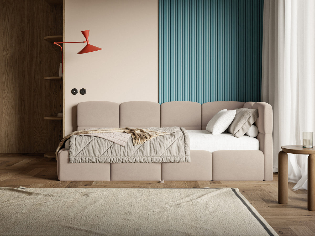 Jugendbett 90x200 cm Cloudy, rechtsseitig ausziehbar, mit Matratzen, beige Velours, wasserabweisend und pflegeleicht