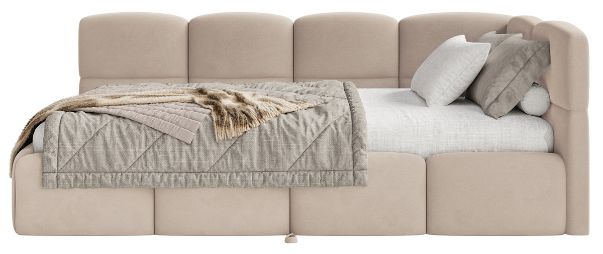 Jugendbett 90x200 cm Cloudy, rechtsseitig ausziehbar, mit Matratzen, beige Velours, wasserabweisend und pflegeleicht