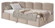 Jugendbett 90x200 cm Cloudy, links ausziehbar, mit Matratzen, beige Velours, wasserabweisend und pflegeleicht