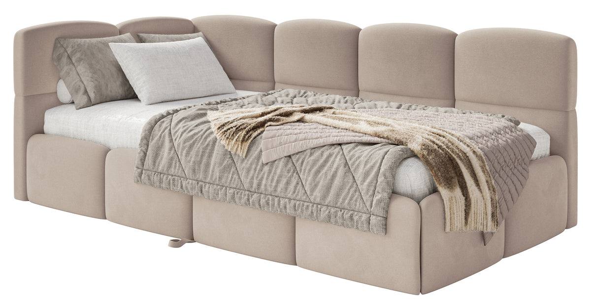 Jugendbett 90x200 cm Cloudy, links ausziehbar, mit Matratzen, beige Velours, wasserabweisend und pflegeleicht