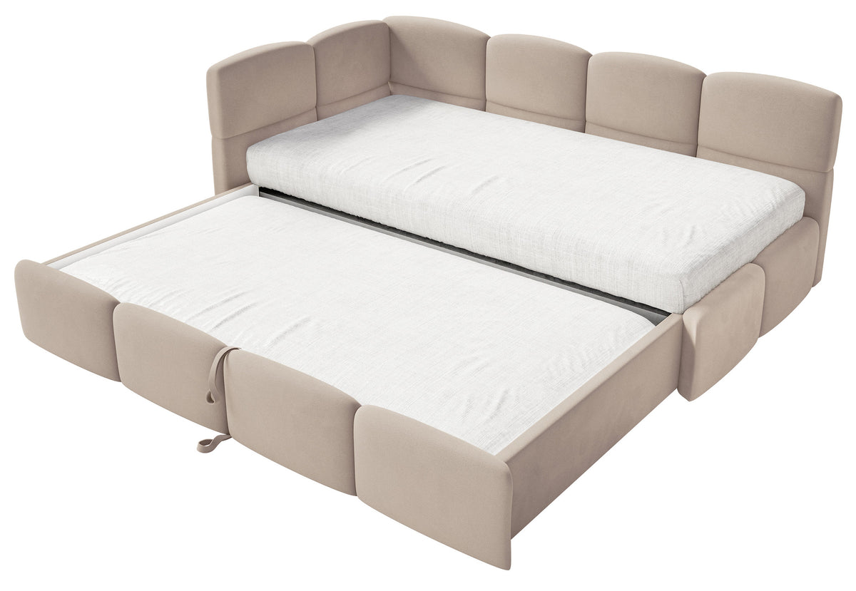 Jugendbett 90x200 cm Cloudy, links ausziehbar, mit Matratzen, beige Velours, wasserabweisend und pflegeleicht