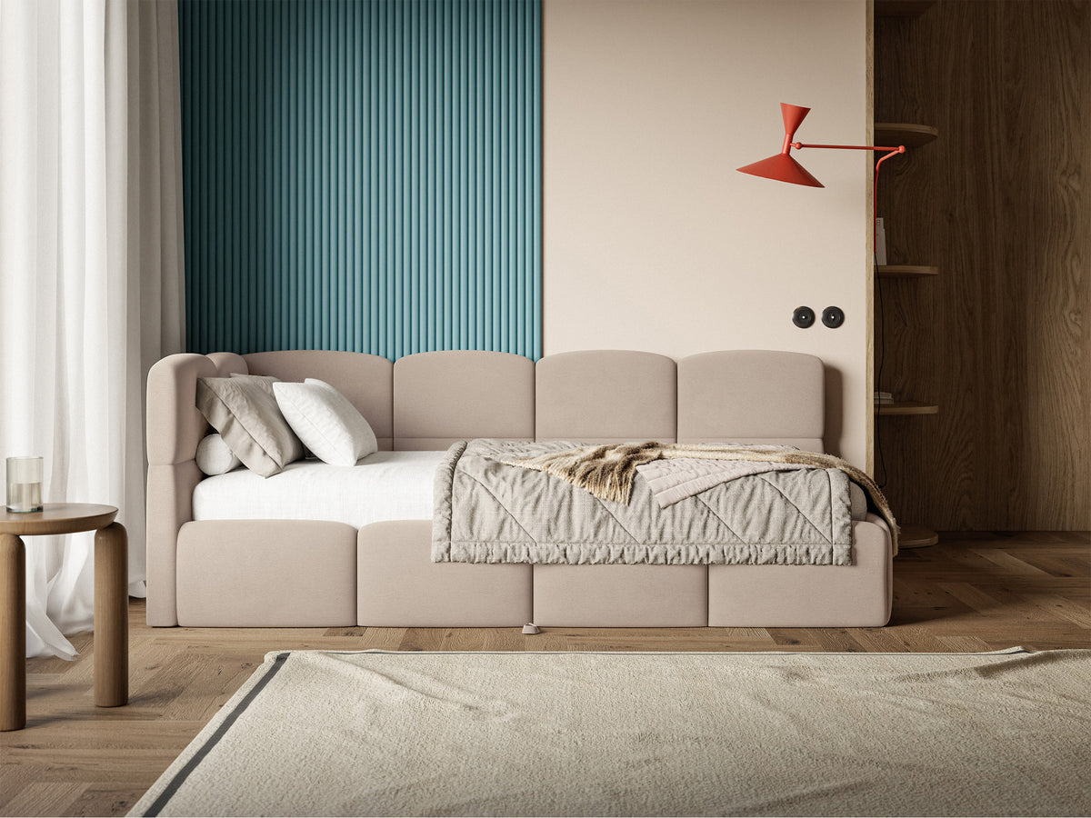 Jugendbett 90x200 cm Cloudy, links ausziehbar, mit Matratzen, beige Velours, wasserabweisend und pflegeleicht