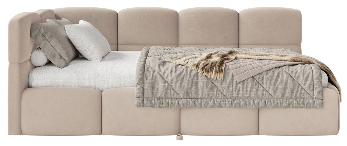Jugendbett 90x200 cm Cloudy, links ausziehbar, mit Matratzen, beige Velours, wasserabweisend und pflegeleicht