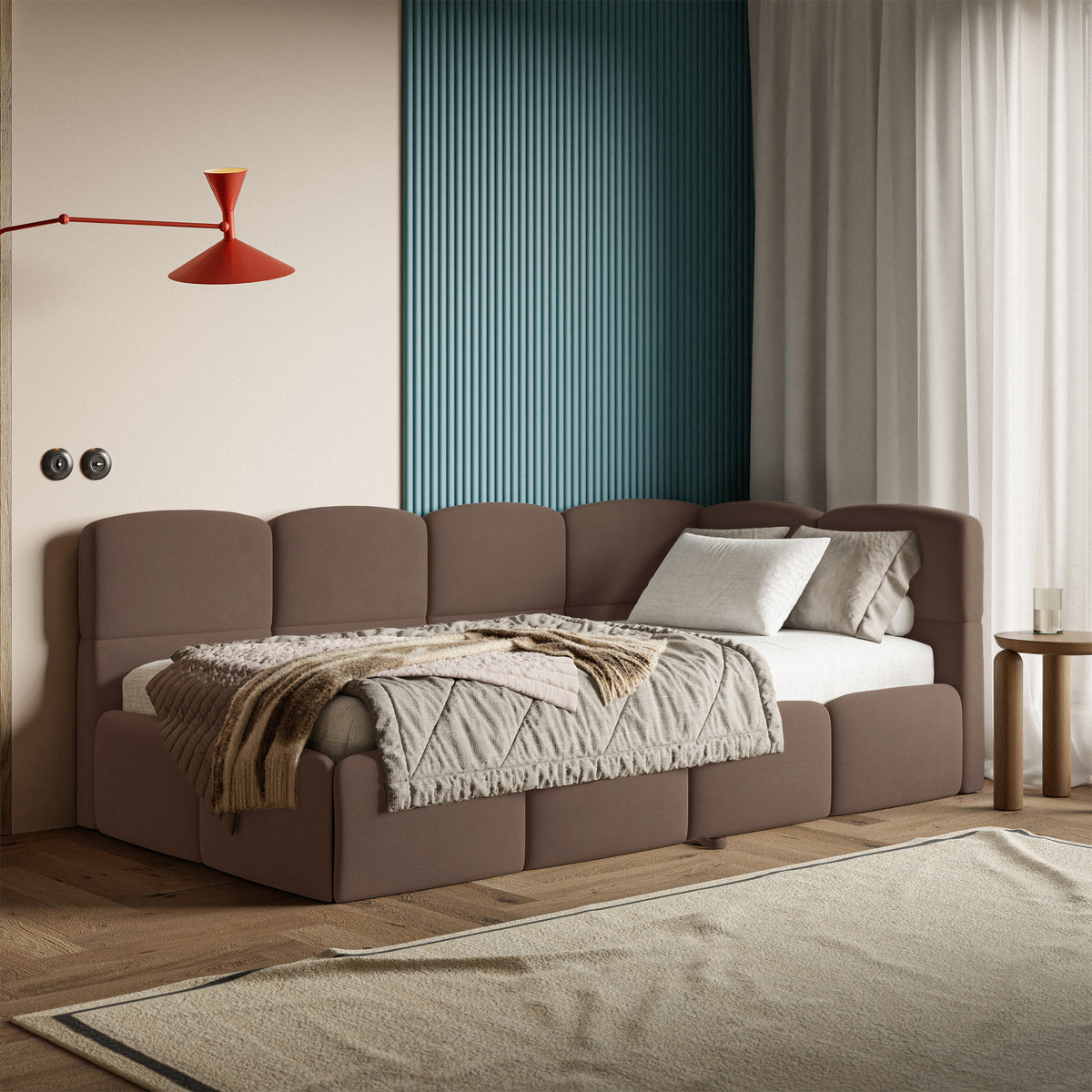 Jugendbett 90x200 cm Cloudy, rechtsseitig ausziehbar, mit Matratzen, brauner Velours, wasserabweisend und pflegeleicht