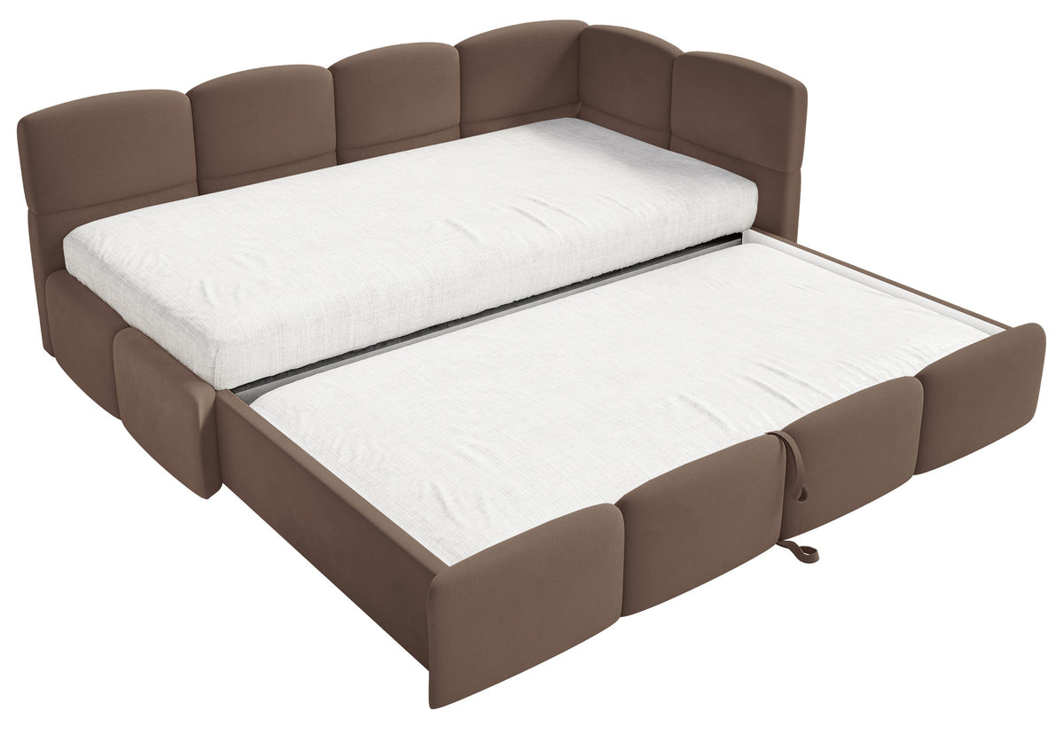 Jugendbett 90x200 cm Cloudy, rechtsseitig ausziehbar, mit Matratzen, brauner Velours, wasserabweisend und pflegeleicht