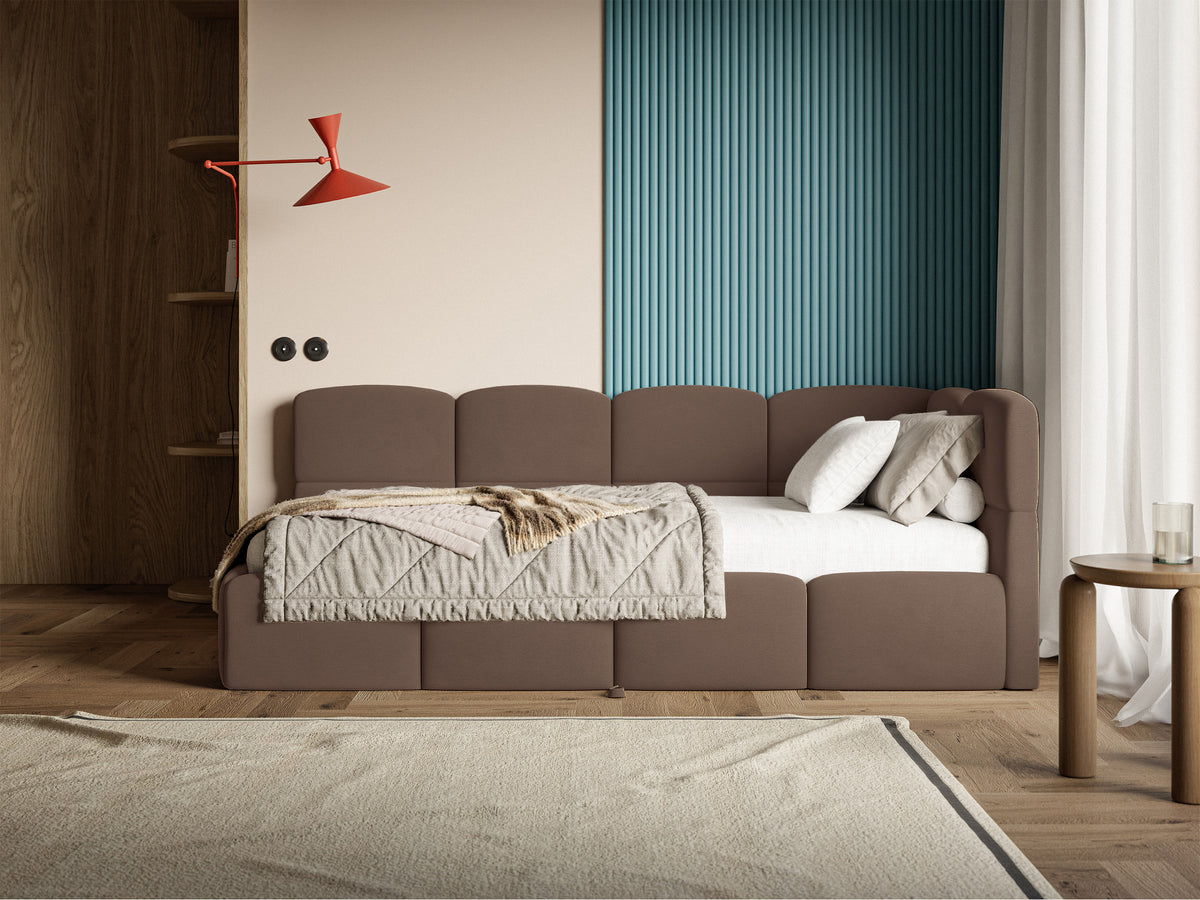 Jugendbett 90x200 cm Cloudy, rechtsseitig ausziehbar, mit Matratzen, brauner Velours, wasserabweisend und pflegeleicht