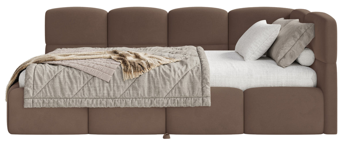 Jugendbett 90x200 cm Cloudy, rechtsseitig ausziehbar, mit Matratzen, brauner Velours, wasserabweisend und pflegeleicht